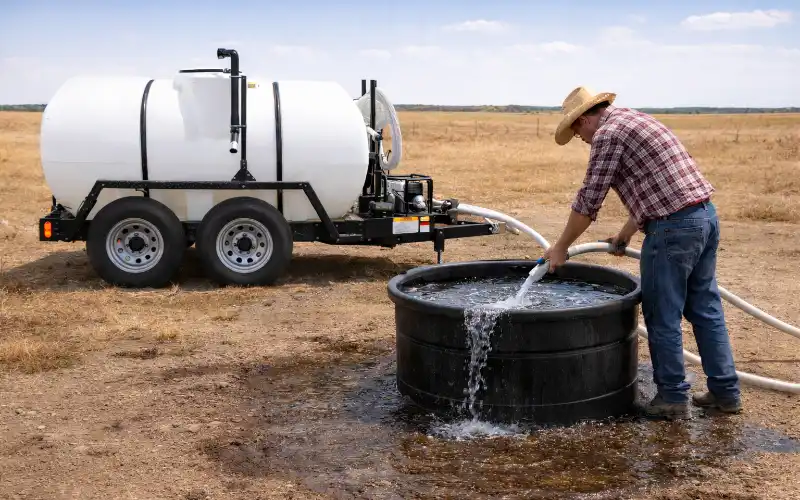 Livestock watering trailer filling a stock tank