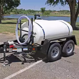 500 Gallon water trailer with a white tank and a hose