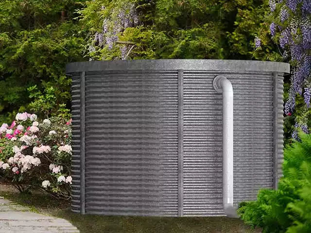 Corrugated tank in a garden