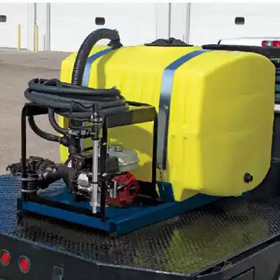 Skid sprayer with a yellow poly tank on the back of a work truck.